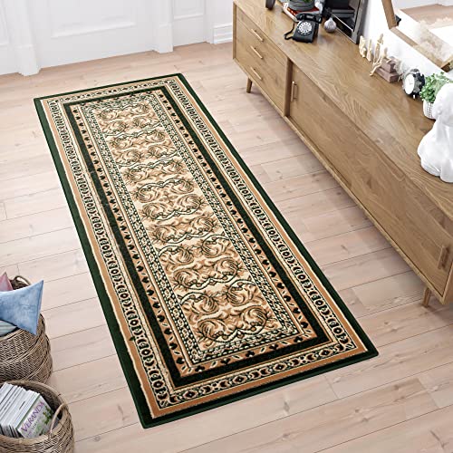 TAPISO Atlas Läufer Kurzflor Teppich Wohnzimmer Klassisch Grün Creme Floral Muster Bordüre Schlafzimmer ÖKOTEX 100 x 250 cm von TAPISO