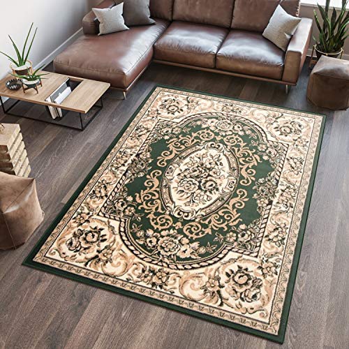 TAPISO Atlas Teppich Grün Beige Kurzflor Traditionell Orient Ornament Mäander Floral Design Bordüre Wohnzimmer Schlafzimmer ÖKOTEX 250 x 350 cm von TAPISO