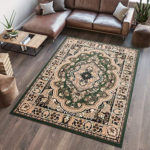 TAPISO Atlas Teppich Kurzflor Grün Beige Oriental Ornament Floral Mäander Bordüre Wohnzimmer Schlafzimmer Vintage Design ÖKOTEX 80 x 150 cm von TAPISO