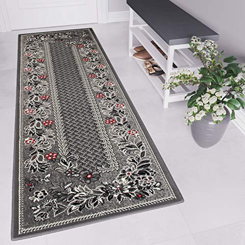 TAPISO Dream Läufer Flur Teppich Kurzflor Retro Brücke Grau Rot Karo Floral Blumen Abstrakt Muster Wohnzimmer ÖKOTEX 100 x 150 cm von TAPISO