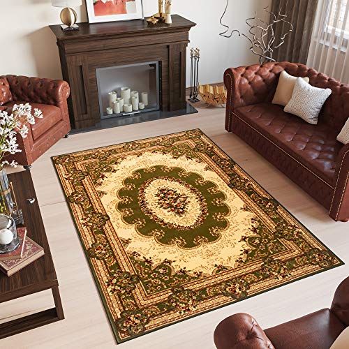 TAPISO Yesemek Teppich Klassisch Kurzflor Wohnzimmer Orientalisch Floral Medaillon Muster Bordüre Grün Beige Creme Barock Design ÖKOTEX 140 x 190 cm von TAPISO