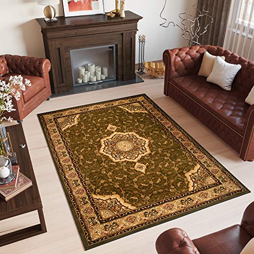 TAPISO Yesemek Teppich Klassisch Kurzflor Wohnzimmer Orientalisch Floral Ziegler Ornament Muster Bordüre Grün Beige Barock Design ÖKOTEX 200 x 400 cm von TAPISO