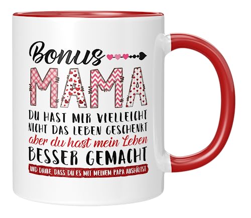 TassenTicker - Bonus Mama, du hast mir vielleicht - Geschenk für die Stiefmama - Geburtstag - Geburtstagsgeschenk - für die Stiefmutter - Muttertag - Weihnachten - Geburtstag (Rot) von TassenTicker