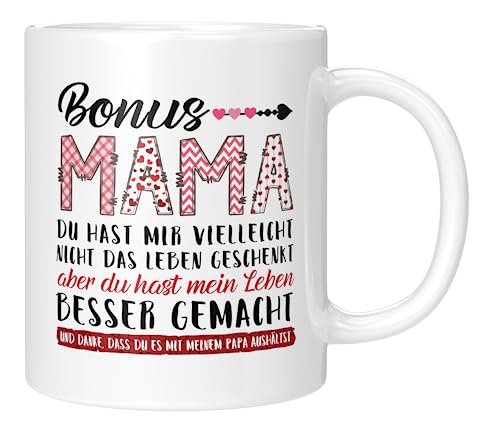 TassenTicker - Bonus Mama, du hast mir vielleicht - Geschenk für die Stiefmama - Geburtstag - Geburtstagsgeschenk - für die Stiefmutter - Muttertag - Weihnachten - Geburtstag (Weiss) von TassenTicker