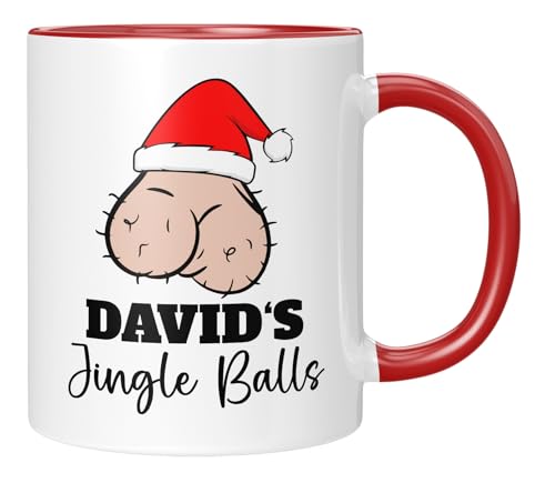 TassenTicker - Jingle Balls - Personalisierte Kaffeetasse - Wunschnamen - Geschenk für den Freund, Ehemann, Partner, Schatz - Lustiges Geschenk zu Weihnachten - Rot von TassenTicker