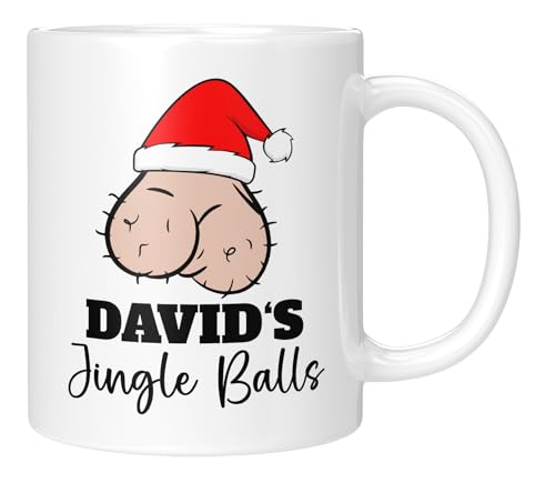 TassenTicker - Jingle Balls - Personalisierte Kaffeetasse - Wunschnamen - Geschenk für den Freund, Ehemann, Partner, Schatz - Lustiges Geschenk zu Weihnachten - Weiss von TassenTicker