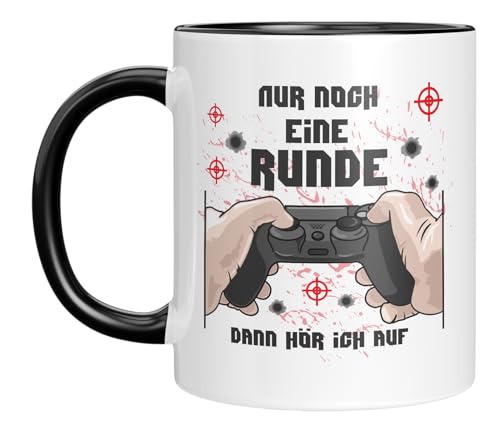 TassenTicker - Nur noch eine Runde - dann hör ich auf - Tasse - Gamer - Kaffeebecher - Controller - Motiv - lustiger Spruch - Zocker - Geschenkidee - Schwarz von TassenTicker