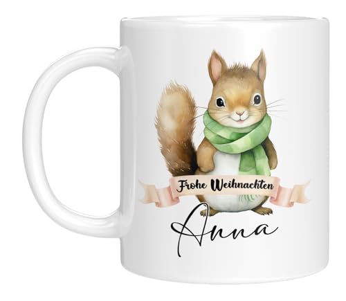 TassenTicker - Tasse zu Weihnachten - Weihnachtstasse - Personalisiert mit Namen - Kaffeetasse für jungen und Mädchen - Frohe Weihnachten - Weihnachts-Deko (Eichhörnchen) von TassenTicker