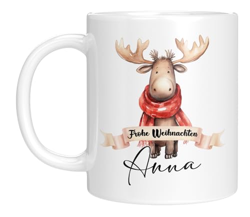 TassenTicker - Tasse zu Weihnachten - Weihnachtstasse - Personalisiert mit Namen - Kaffeetasse für jungen und Mädchen - Frohe Weihnachten - Weihnachts-Deko (Elch) von TassenTicker