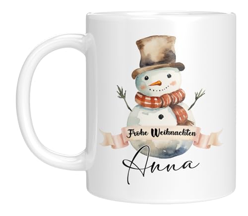 TassenTicker TASSENTICKER - Tasse zu Weihnachten - Weihnachtstasse - Personalisiert mit Namen - Kaffeetasse für jungen und Mädchen - Frohe Weihnachten - Weihnachts-Deko (Schneemann) von TassenTicker