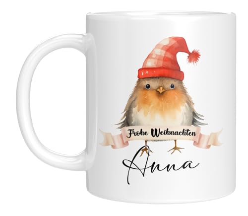 TassenTicker TASSENTICKER - Tasse zu Weihnachten - Weihnachtstasse - Personalisiert mit Namen - Kaffeetasse für jungen und Mädchen - Frohe Weihnachten - Weihnachts-Deko (Vogel) von TassenTicker