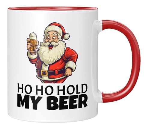 TassenTicker - ho ho hold my beer - Geschenk für Männer zu Weihnachten - Tasse Papa - zum Wichteln - Keramik - Kaffeetasse - 330ml - Bier Tasse - rot von TassenTicker