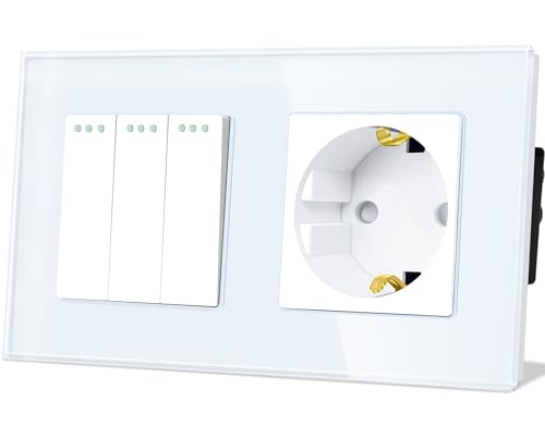 TAWOIA Lichtschalter mit Steckdose 3 Fach 1 Weg Glas Platte Unterputz Taste Schalter mit Schuko Steckdose 16 Amp 86 * 157mm Weiß Wechselschalter TAWOIA Lichtschalter mit Steckdose 3 Fach 1 Weg Glas Platte Unterputz Taste Schalter mit Schuko Steckdose 16 Amp 86 * 157mm Weiß Wechselschalter von TAWOIA