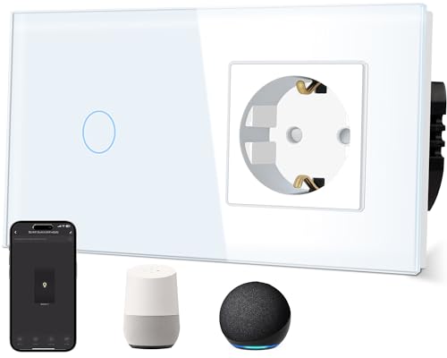 TAWOIA Normaler Steckdose mit Smart Wlan Lichtschalter (Neutralleiter erforderlich) mit Glasscheibe, Sprachsteuerung für Alexa, kompatibel mit Smart Life und Tuya App 1Fach Weg Weiß von TAWOIA