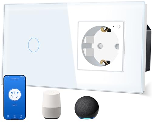 TAWOIA Smart Lichtschalter 1 Fach 1 Weg mit Wlan Steckdose,1 Fach,16A,APP-Steuerung,Arbeit mit Alexa,Glasrahmen,86 * 157mm,Weiß,Wlan Nur 2.4 GHz von TAWOIA