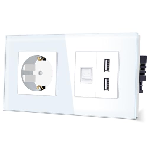 TAWOIA Schuko steckdose,1 Fach mit 1/2 Computer RJ45 Cat6 Internet Steckdose und 1/2 USB (2.4A) Schnittstelle,Kristallglas Rahmen Unterputzdose,Steckdose für,16A,Steckdose mit Usb Weiß,86 * 157 mm von TAWOIA