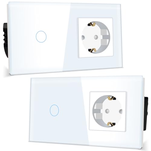 TAWOIA Lichtschalter mit Schuko Steckdosenkombination, Unterputz,16A Steckdose,157 x 86 mm Gehärtete Kristallplatte mit LED Hintergrundbeleuchtung 1 Fach 1 Weg Touch Schalter 1000W Weiß 2er-Pack von TAWOIA