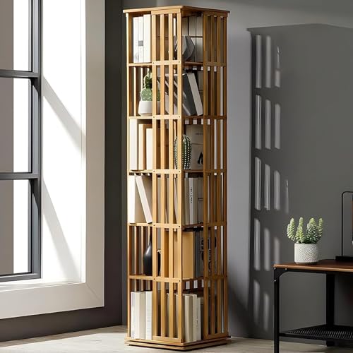 6-stufiges drehbares Lagerregal aus Bambus - 360 ° drehbares Bücherregal, kompaktes Eckregal für den Bürobuch-Organizer, für Bibliotheks-Standregale mit offenen Regalen von TBTBGXQ