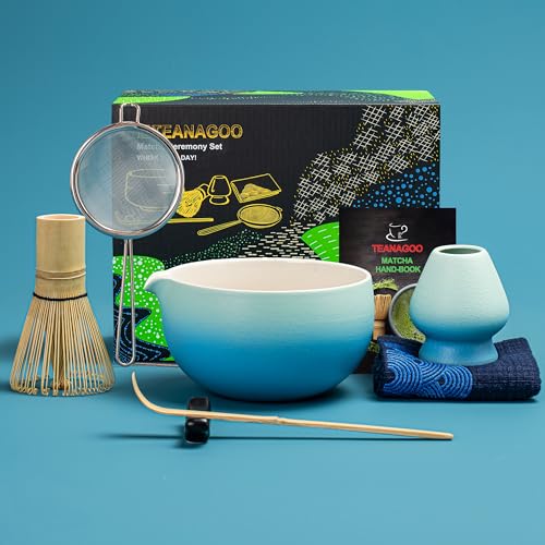 TEANAGOO Japanisches Tee Set (7 Stück) Matcha-Schneebesen Set Matcha-Schüssel mit Ausgießer Bambus-Matcha-Schneebesen (Chasen) Schaufel Matcha-Schneebesenhalter. N31, Farbverlauf Blau… von TEANAGOO