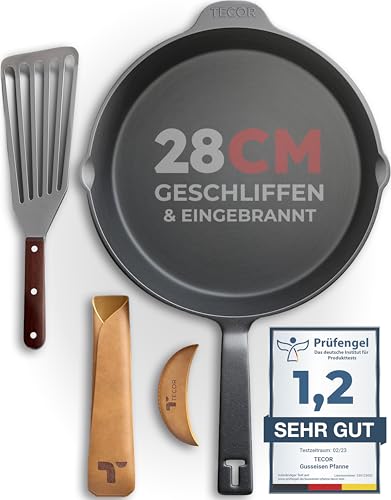 TECOR® Gusseisenpfanne Induktion 28cm inkl. Zubehör - geschliffene Oberflächen I Bratpfanne Induktion, Gusseiserne Pfanne, Cast Iron Pan, Gusspfanne Grill, Eisenpfanne, Pfanne Gusseisen von TECOR