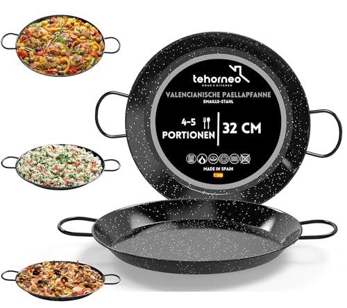 TEHORNEO Paella Pfanne Induktion, Paella Pfanne 32 cm Emaillierter Stahl 4-5 Portionen, Paella Pfanne Grill, Paela Pfanne, Paella Induktion, Paellera Gas, Paella Pfanne für Herd, Paellera 32 cm von TEHORNEO