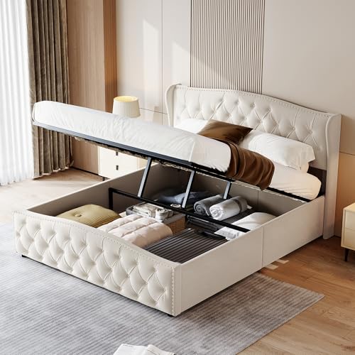 TEOSTWF Bettgestell mit Stauraum, 140 x 200 cm, gepolsterter Gasdruckbettrahmen mit Stauraum, Doppelbett mit Holzlatten, keine Matratze, Fusseln, Beige TEOSTWF Bettgestell mit Stauraum, 140 x 200 cm, gepolsterter Gasdruckbettrahmen mit Stauraum, Doppelbett mit Holzlatten, keine Matratze, Fusseln, Beige von TEOSTWF