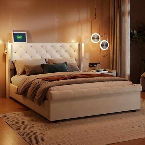 TEOSTWF Cord-Doppelbett, 140 x 190 cm, Gasdruckfeder, mit Stauraum, gepolstertes Doppelbett mit Nachttisch, Leselampe, Ottomane, ohne Matratze, Beige TEOSTWF Cord-Doppelbett, 140 x 190 cm, Gasdruckfeder, mit Stauraum, gepolstertes Doppelbett mit Nachttisch, Leselampe, Ottomane, ohne Matratze, Beige von TEOSTWF