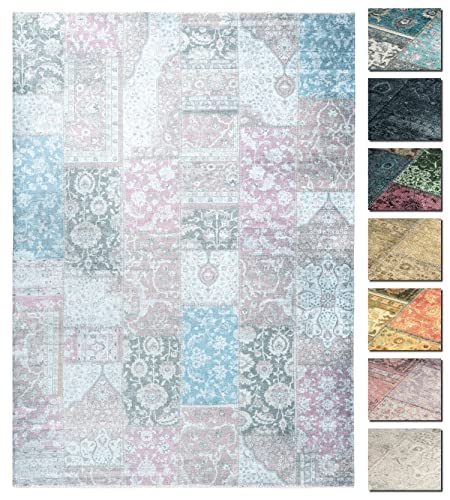 TESSO LIVING Kelim Patchwork Teppich Wohnzimmer Blau Rosa 80 X 145 cm, Moderner Kurzflor Teppich, Super Soft, Formen verfügbar von TESSO LIVING