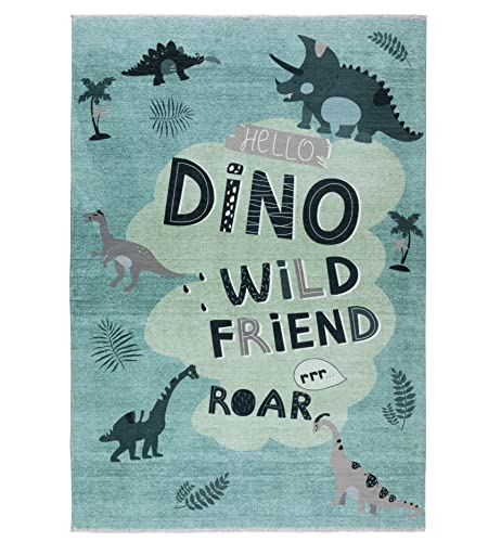 TESSO LIVING Kinder-Teppich, Spielteppich, Kinderzimmer, Waschbar, Antirutsch, Dino, Dinosaurier, Grün - 80cm x 145cm von TESSO LIVING