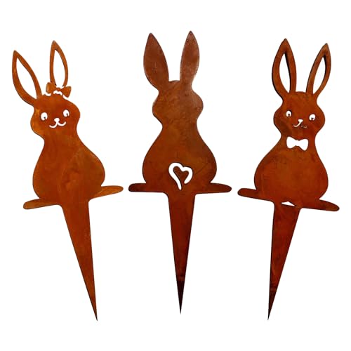 TETSMG 3 Stück Gartenstecker Ostern mit Osterhasen Figuren - Gartenfigur Osterdeko für Draußen als Gartendeko Metall Deko Oster Frühling Rostdeko Balkon Blumentopf Deko Gartenfiguren von TETSMG