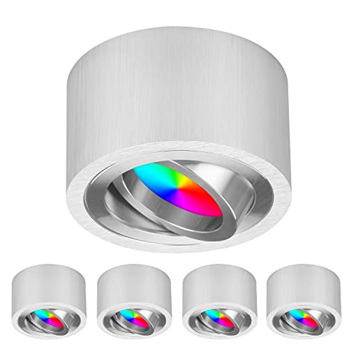 TEVEA LED Flach Aufbauspot Smart Deckenleuchte | 5W 230V RGBW Dimmbar | LED Modul austauschbar | Aufbauleuchte Farblicht Partyleuchte | 5er Pack (Silber Gebürstet) von TEVEA