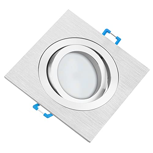 TEVEA Premium LED Einbaustrahler Schwenkbar - Silber gebürstet Eckig - Warmweiß - LED Modul 230V 5W austauschbar - Einbauleuchte auch fürs Bad - in 2 Lichtfarben und 3 Spot Farben erhältlich von TEVEA