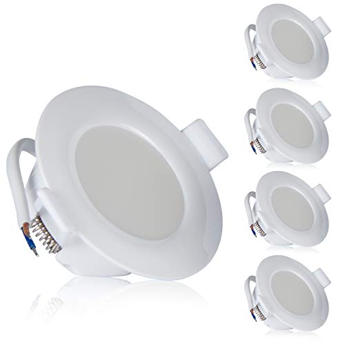 Ultra Flach LED Einbaustrahler IP44 |auch für das Bad geeignet| Warmweiß 4W 230V Rahmen weiss Rund Einbauspots Badleuchten, 5 Stück Einbauleuchten (Neutralweiss) von TEVEA