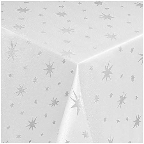 Tischdecke Maßanfertigung Weihnachtstischdecke im Lurex Sterne Design mit Saum, Oval in Weiss-Silber - 140x230 cm, weitere Farben, Breiten und Längen sind wählbar von TEXMAXX