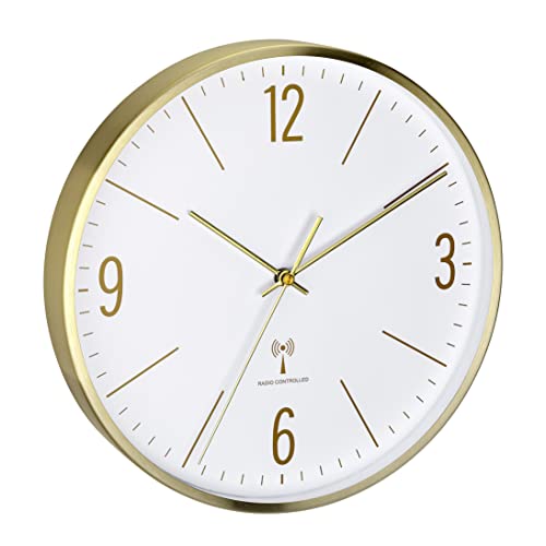 TFA Dostmann Analoge Funk-Wanduhr, 60.3534.55, 30cm, Goldener Metallrahmen, leises Uhrwerk, modernes Design, mit Glas-Abdeckung, Gold von TFA Dostmann