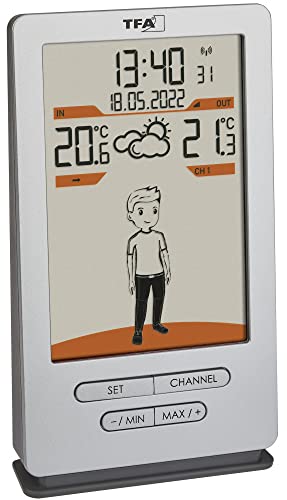 TFA Dostmann Funk Wetterstation Weather Jack, 35.1166.54, Außen- und Innentemperatur, Wettervorhersage, mit Bekleidungsvorschlägen, Funkuhr, silber, 146 x 82 x 27 (47) mm von TFA Dostmann