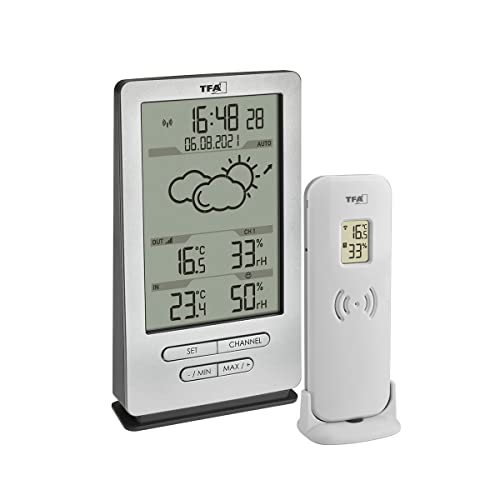 TFA Dostmann Funk Wetterstation Xena, 35.1162.54, mit Außensensor, Innen und Außentemperatur, mit Wettervorhersage, inkl Funkuhr, Luftfeuchte, zum Stellen/Hängen, silber von TFA Dostmann