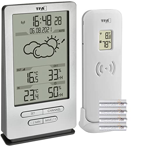 TFA Dostmann Funk Wetterstation Xena, 35.1162.54, mit Außensensor, Innen und Außentemperatur, mit Wettervorhersage, inkl Funkuhr, Luftfeuchte, zum Stellen/Hängen (silber mit Batterien) von TFA Dostmann