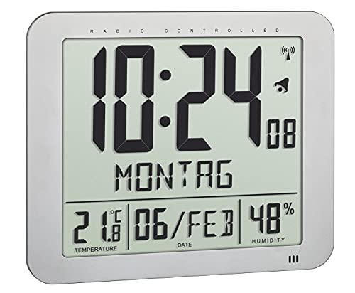 TFA Dostmann Funkuhr digital, 60.4516.54, mit Raumklima, ausgeschriebener Wochentag (10 Sprachen), 2 Weckfunktionen, als Tischuhr oder zum Aufhängen, Silber, (L) 248 x (B) 25 (73) x (H) 206 mm von TFA Dostmann