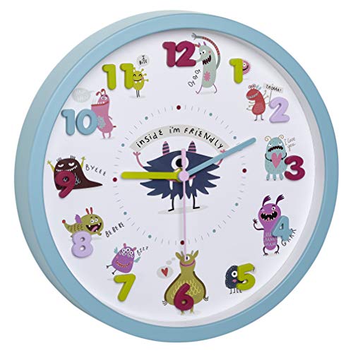 TFA Dostmann LITTLE MONSTERS Kinder-Wanduhr mit Monster-Motiven, leises Uhrwerk, ideal für das Kinderzimmer, Kunststoff, Glas, türkis, (L) 309 x (B) 44 x (H) 309 mm von TFA Dostmann