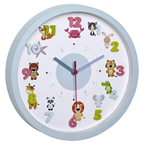 TFA Dostmann LITTLE ANIMALS Kinder-Wanduhr mit Tier-Motiven, leises Uhrwerk, ideal für das Kinderzimmer, Kunststoff, hellblau, ((L) 309 x (B) 44 x (H) 309 mm von TFA Dostmann