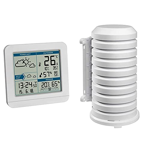 TFA Dostmann SKY Funk-Wetterstation, 35.1152.02,Wetterstation Funk mit Außensensor, Wettervorhersage, Funkuhr, innen und außen & Schutzhülle für Sender Artikel, 98.1114.02, leicht zu montieren, weiß von TFA Dostmann