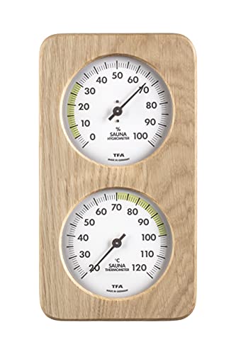 TFA Dostmann Sauna-Thermo-Hygrometer Haar-Synthetik, hitzebeständig, aus Massivholz, L 131 x B 34 x H 240 mm (Helsinki (Eiche)) von TFA Dostmann