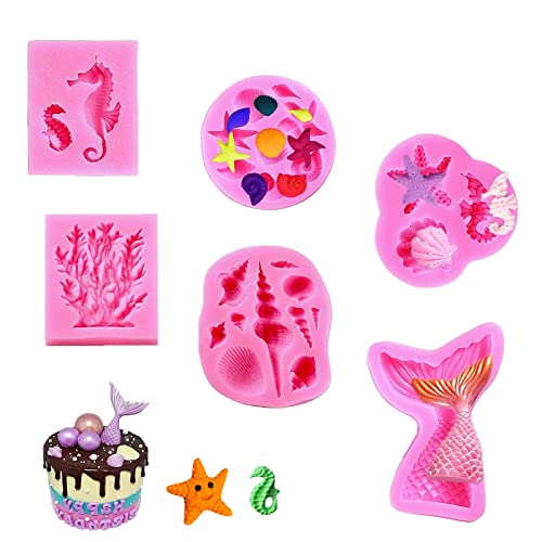 6 Stück Silikonform Meerjungfrau,Silikon 3D Fondant Formen Tiere,Backformen Set 3D Ozean Tier,Kuchen Dekorieren Schokoladenform für Jelly Sugar Candy von TFSYLISA