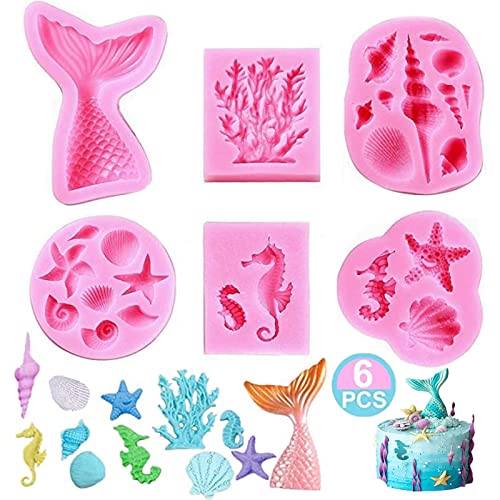 Meerestiere Fondant Formen 3D Ozean Silikon Backform Diy Silikon Seifenform Meerjungfrau Schwanz Silikonform Seestern Seepferdchen Muschel Für Kuchen Dekoration Schokolade Rosa 6 Stück von THEYUUKI