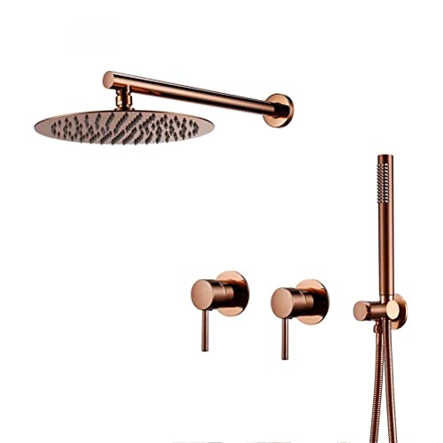 THOLZ Duscharmatur Unterputz Set, Regenfall Wandmontiert Badezimmer Mischventil Duschmischer Messing Wasserhahn Heiß Kalt Mischbatterie, Duschsystem Set Mit Kopfbrause Brauseschlauch,Rose gold,10 inch von THOLZ