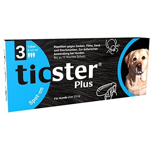 TICSTER Plus Spot-on für Hunde über 25 kg, Floh und Zeckenmittel, Inhalt: 3x 4,8ml, Schutzdauer: bis zu 12 Wochen (Lösung zum Auftropfen, auch gegen Sand- & Stechmücken, Insektenschutz für Hunde) von TICSTER