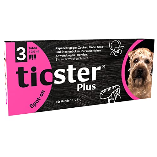 TICSTER Plus Spot-on für Hunde von 10 - 25 kg, Floh und Zeckenmittel, Inhalt: 3x 3,0ml, Schutzdauer: bis zu 12 Wochen (Lösung zum Auftropfen, auch gegen Sand- & Stechmücken, Insektenschutz für Hunde) von TICSTER