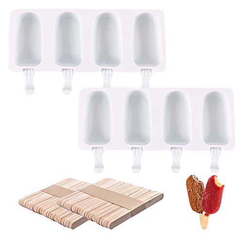 2er-Pack Eisformen Silikon mit 4 Hohlräumen, Stieleisformen, Wiederverwendbare ovale Silikon-Eiscremeformen für selbstgemachtes hausgemachtes Eis, Joghurt (100 Holzstäbchen) von TIMEMEET