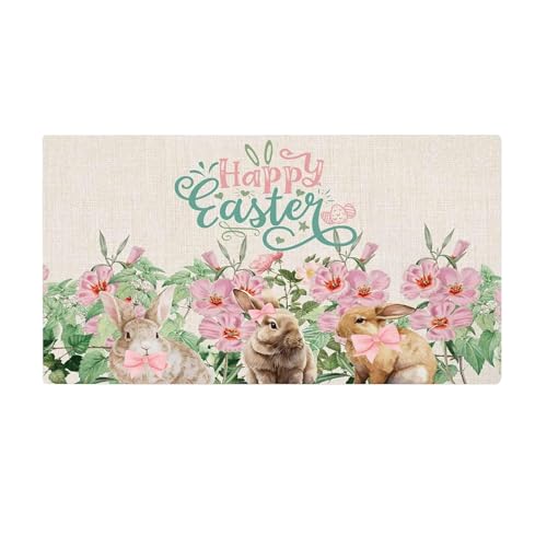 Blumen Hasen Frohe Ostern Fußmatte 40 x 60 cm Happy Easter Fußmatten, Willkommensmatten Ostern Osterhasen-Fußmatte für Küche Badezimmer, Bodentürmatte, Rutschfest Hause Dekoration (B-A, One Size) von TIMIYUYU